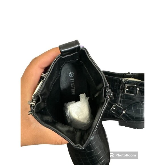 Tinstree Women's Round Toe Low Heel Slouchy Bootie Side Zipper & Buckle Strap 9 - Picture 8 of 9